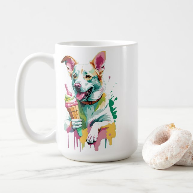 Caneca De Café Cachorro feliz comendo um sorvete (Com Donut)