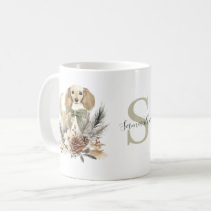 Caneca De Café Cachorro Floral de Pinheiro de Inverno Monograma N