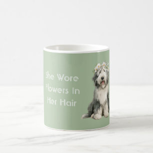 Caneca De Café Cachorro Flores Brancas Cinzas Verdes 