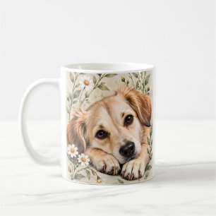Caneca De Café Cachorro Fofo com Margaridas Arte Botânica em Aqua