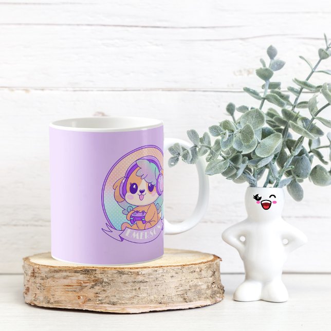 Caneca De Café Cachorro Gamer legal Kawaii em Roxo com Nome (Criador carregado)