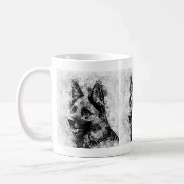 Caneca De Café Cachorro german shepherd Preto e Branco Aquarela (Esquerda)