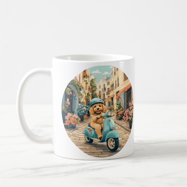Caneca De Café Cachorro Goldendoodle andando de scooter pelas rua (Esquerda)