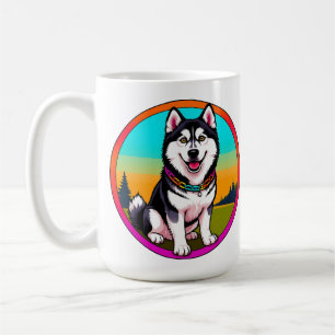 Caneca De Café Cachorro Husky de Desenho Animado Fofo com Coleira