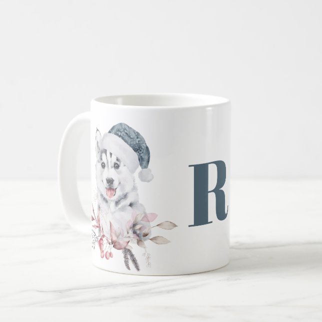 Caneca De Café Cachorro Husky de Natal Monograma (Frente Esquerda)