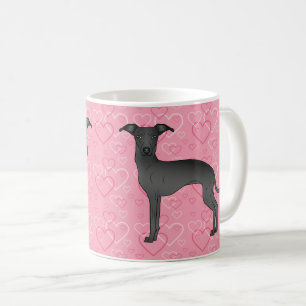Caneca De Café Cachorro Italiano Galgo Preto Fofo em Corações Ros