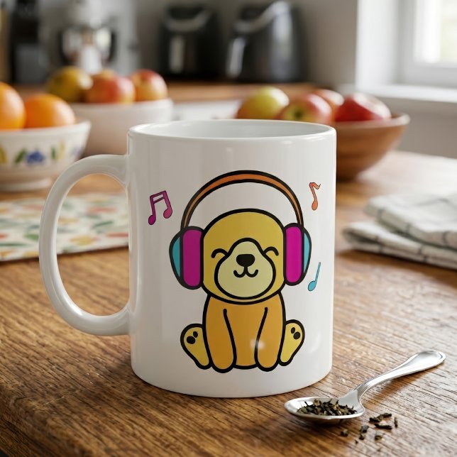Caneca De Café Cachorro Kawaii Sorridente com Fones de Ouvido Col (Kawaii Dog Puppy Smiling with Colorful Headphones. Coffee Mug)