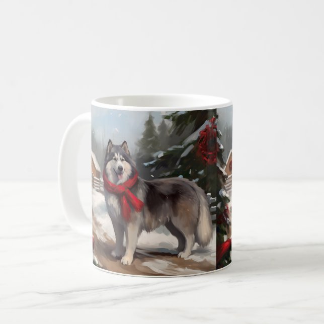 Caneca De Café Cachorro Malamute do Alasca no Natal da Neve (Frente Esquerda)