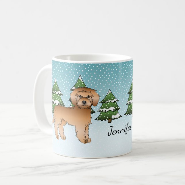 Caneca De Café Cachorro Mini Goldendoodle Dourado em uma Floresta (Frente Esquerda)