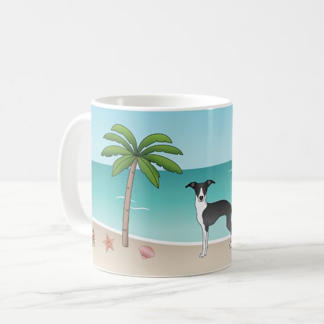 Caneca De Café Cachorro Negro E Branco Na Praia Tropical De Verão (Frente Esquerda)