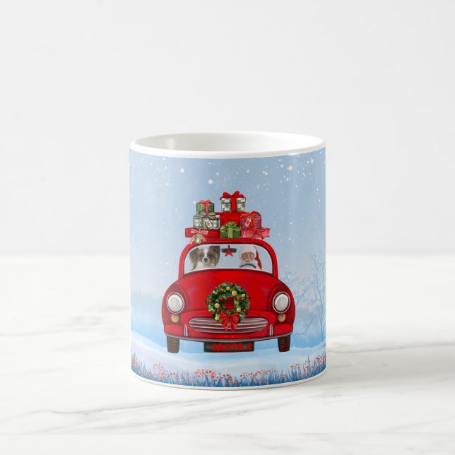Caneca De Café Cachorro Papillon em carro com Papai Noel  (Centro)