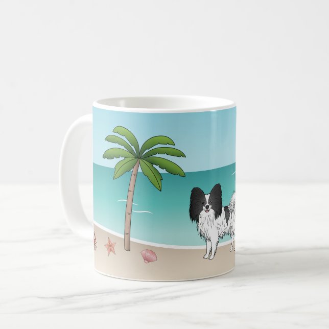 Caneca De Café Cachorro Papillon Preto e Branco Verão Tropical Pr (Frente Esquerda)