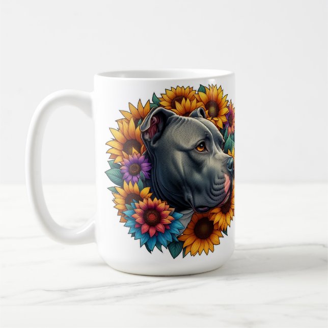 Caneca De Café Cachorro Pitbulento cercado por girassóis vibrante (Esquerda)