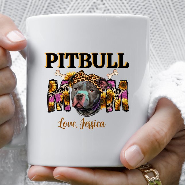 Caneca De Café Cachorro Pitbull Mama Leopardo Imprime Girassóis (Criador carregado)