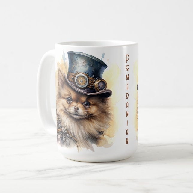 Caneca De Café Cachorro Pomerânia Steampunk (Frente Esquerda)