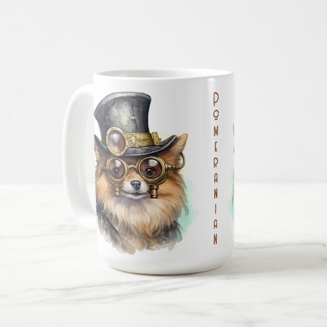 Caneca De Café Cachorro Pomerânia Steampunk (Frente Esquerda)