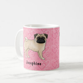 Caneca De Café Cachorro Pug Fawn Fofo com Rostos e Corações Rosa 