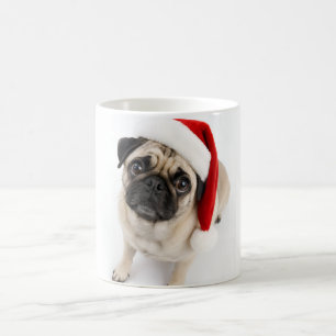 Caneca De Café Cachorro Pug Fawn Natal Chapéu de Papai Noel Olhos