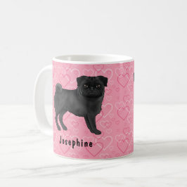 Caneca De Café Cachorro Pug Preto Fofo com Ropas e Corações Rosa 