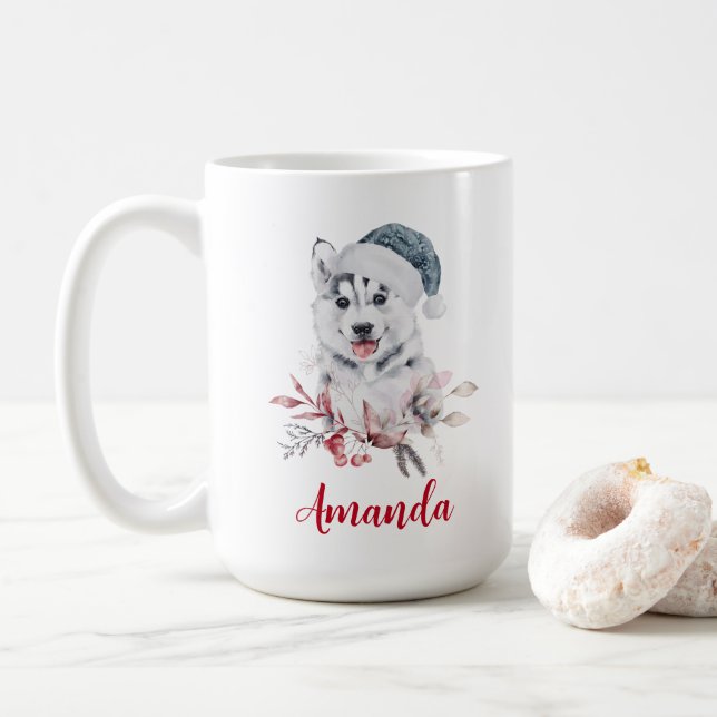 Caneca De Café Cachorro Rouco de Natal num Chapéu Santa (Com Donut)