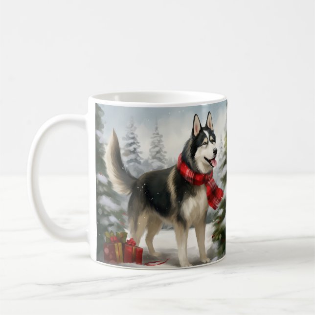 Caneca De Café Cachorro Siberiano Husky no Natal da Neve (Esquerda)