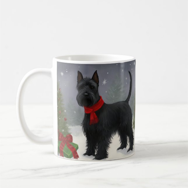 Caneca De Café Cachorro Terrier escocês no Natal da neve (Esquerda)