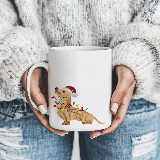 Caneca De Café Cachshund Cachorro Bonito Luzes de Natal e Chapéu (Criador carregado)