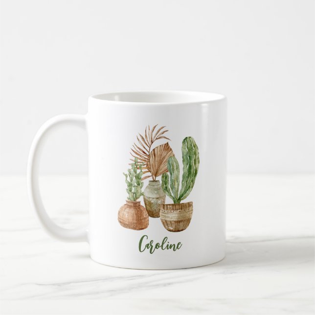 Caneca De Café Cacto de Aguarela Boho Planta Pampas Personalizada (Esquerda)