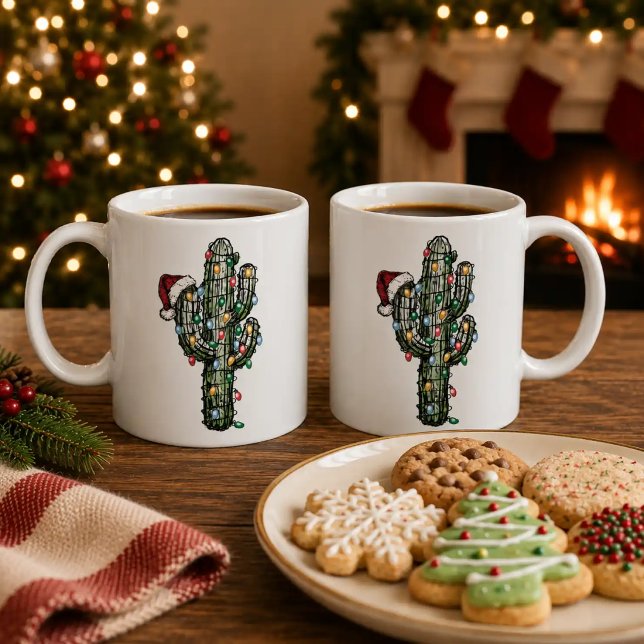 Caneca De Café Cacto de Natal com Luzes (Criador carregado)