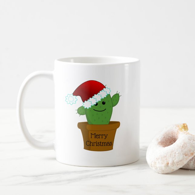 Caneca De Café Cacto de Natal com um Chapéu de Papai Noel (Com Donut)