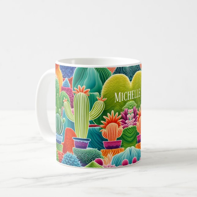 Caneca De Café Cactos Com abstrato Potência Com Nome (Frente Esquerda)