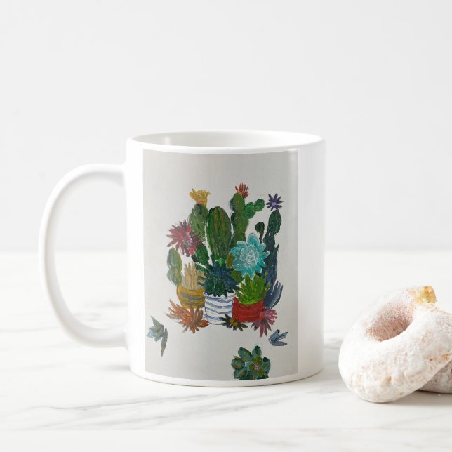 Caneca De Café Cactos em potes Arte acrílica (Com Donut)