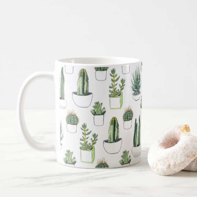 Caneca De Café Cactos & Succulent da Aquarela (Com Donut)
