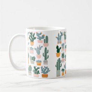 Caneca De Café Cactus e suculentos em potes sobre fundo branco.