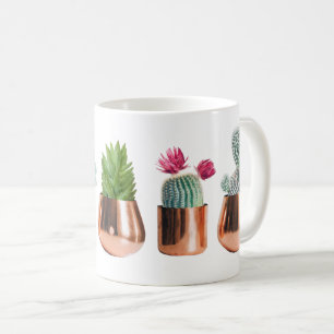 Caneca De Café Cactus e Sucultos em Potes Dourados Rosa