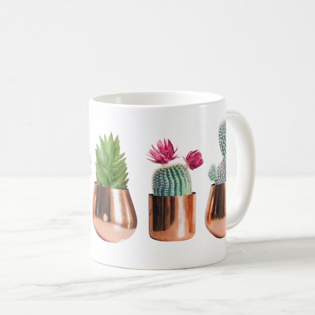 Caneca De Café Cactus e Sucultos em Potes Dourados Rosa (Frente Esquerda)