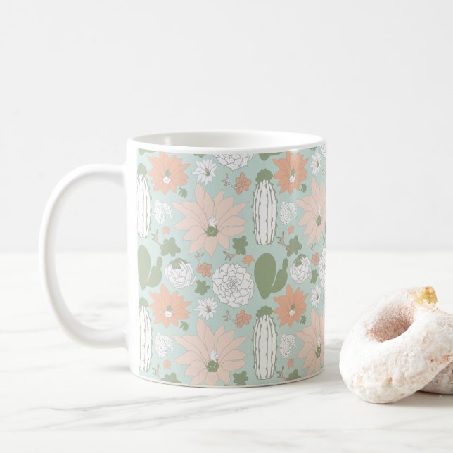 Caneca De Café Cactus Succulta Peach Floral Divertida (Com Donut)