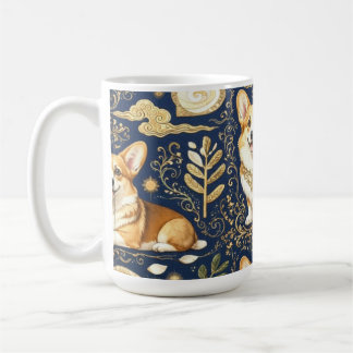 Caneca De Café Cães Corgi Elegantes com Padrão Dourado Damask Azu