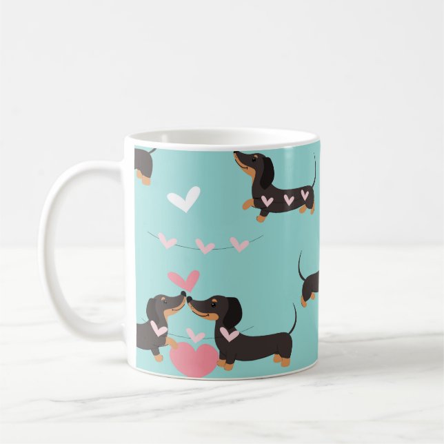 Caneca De Café Cães-dachshund apaixonados e corações, padrão perf (Esquerda)