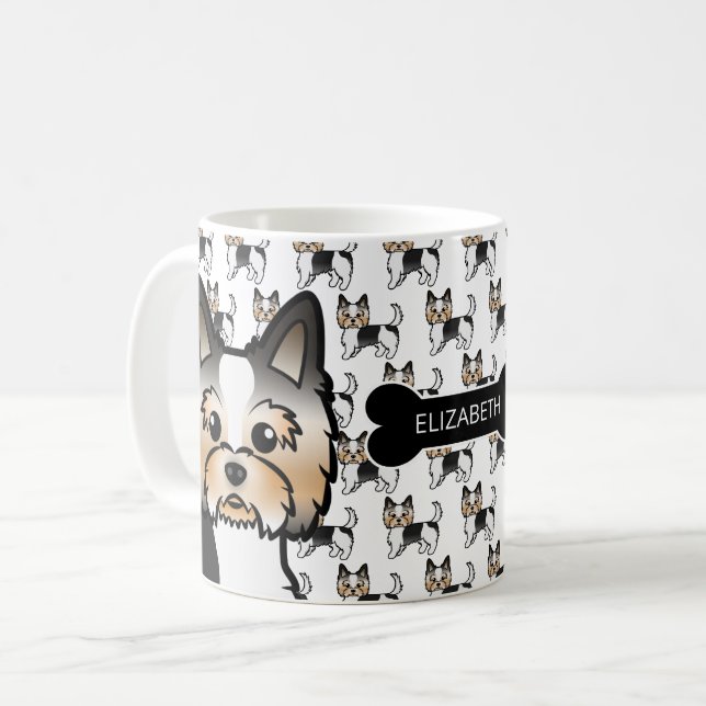 Caneca De Café Cães de desenho animado Biewer Terrier com osso de (Frente Esquerda)