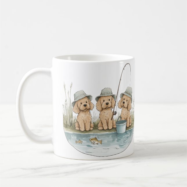 Caneca De Café Cães Goldendoodle Pescando (Esquerda)
