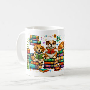 Caneca De Café Cães Lendo Livros Cena Aconchegante de Biblioteca