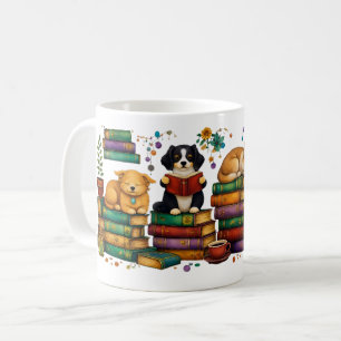 Caneca De Café Cães Lendo Livros Cena Aconchegante de Biblioteca