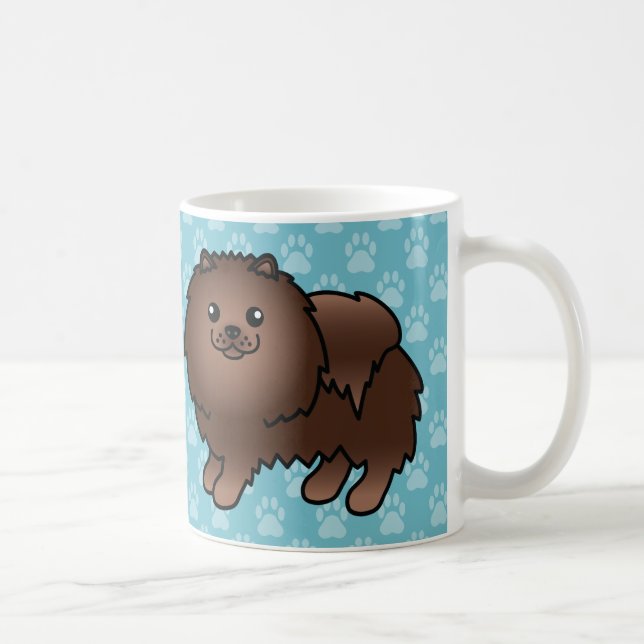 Caneca De Café Cães Pomerânia com Casaco Marrom em Azul (Direita)