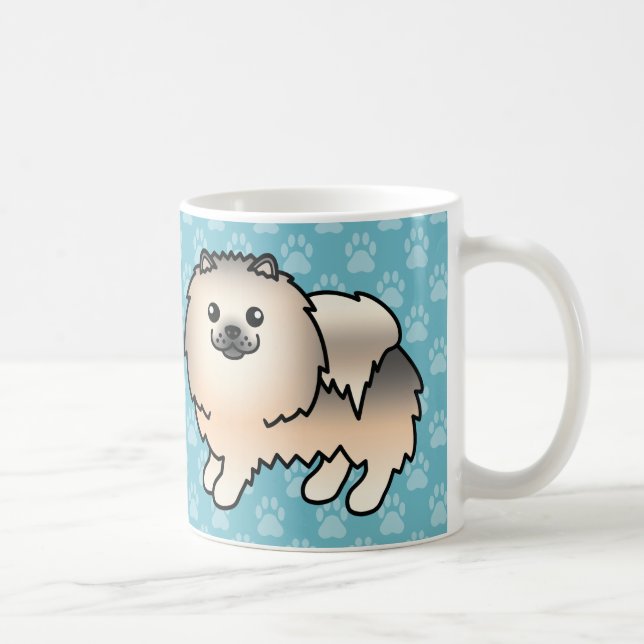 Caneca De Café Cães Pomerânia Fofos Sable Creme em Azul (Direita)