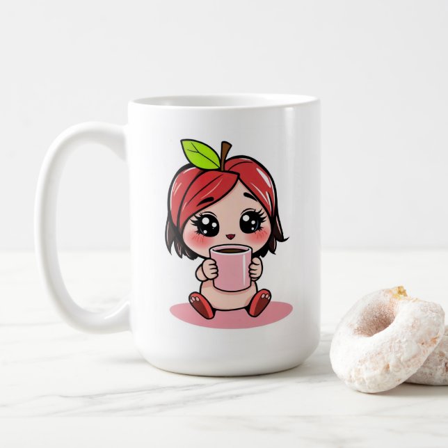 Caneca De Café Café Bebendo Chibi Cabeça de Maçã (Com Donut)