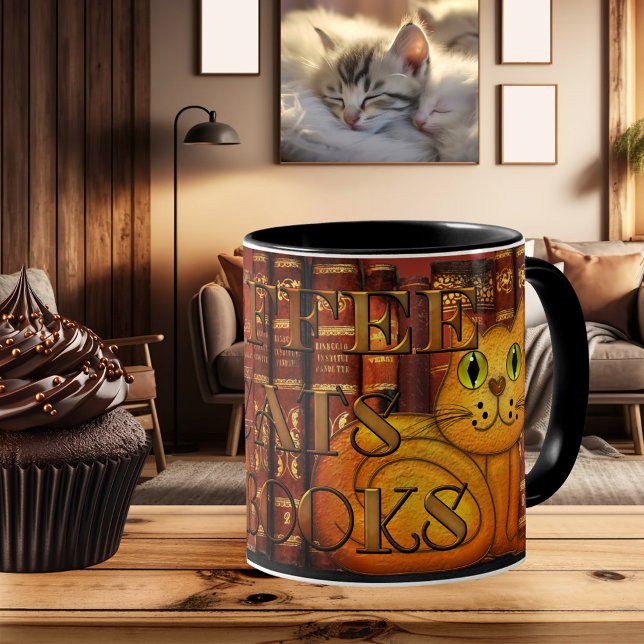 Caneca De Café Café Cats e Livros Gatos Artísticos Muja de Gato (Mug featuring a painting of a cute cat on a background with vintage books. Coffee, cats and books)