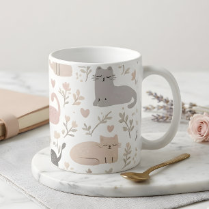 Caneca De Café Café com Gato Pastel Fofo & Padrão Floral