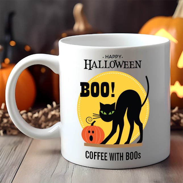 Caneca De Café Café da Abóbora Gato Negro com Boos Halloween (Criador carregado)