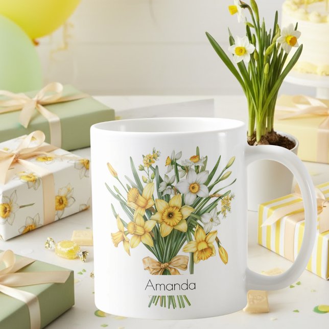 Caneca De Café Café de Aniversário de Março Narcisos Amarelos Ele (Criador carregado)